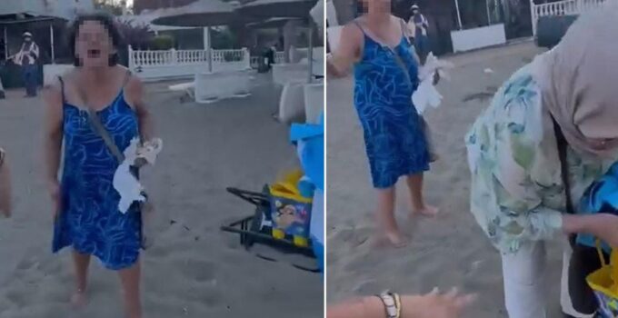 Plajda başörtülü anne ile kızına kelamlı akında bulunan bayan gözaltına alındı