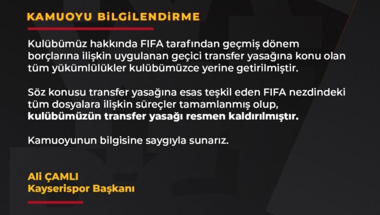 Kayserispor’un Transfer Yasağı Kaldırıldı